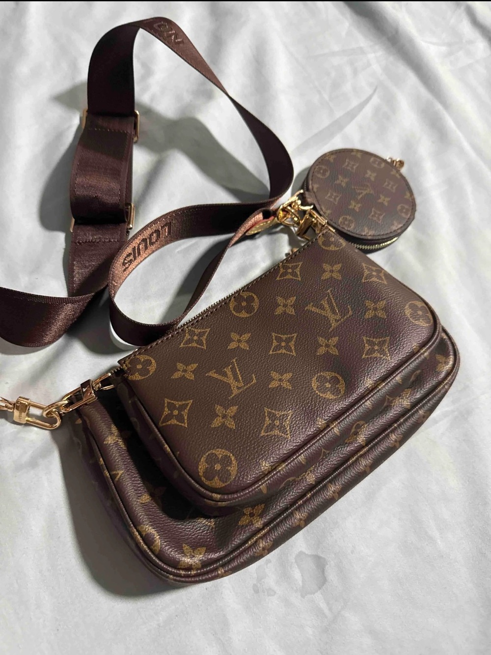 Brown Monogram-Inspired Triple Pouch Crossbody with Gold Hardware - Picture 3 of 5